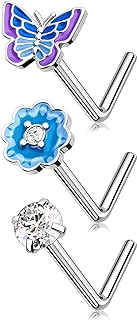 Meiighting 3Pcs Blue Butterfly Nose Rings 20G Flower Nose Studs Surgical Steel 316L Clear CZ Nose Piercing Jewelry L Shaped For Women 7mm Spring Piercing Jewerly
