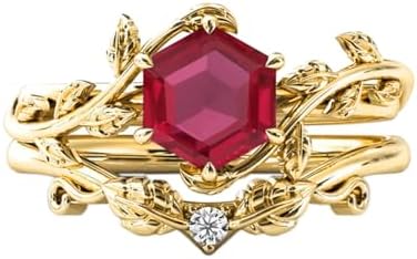 10K 14K 18K Solid Gold Natural Diamond Hexagon Vintage Gemstone Engagement Ring Set Leaf Art Deco Ring Set Hexagon Cut Unique Vine Gemstone Bridal Wedding Ring Set 4~12