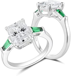 DovEggs Moissanite Engagement Ring for Women 14K Gold QUALITY Sterling Silver Center 4ct 8x10mm Light Blue Elongated Radiant Cut Moissanite with Baguette Emerald Green Spinel accents Moissanite Rings