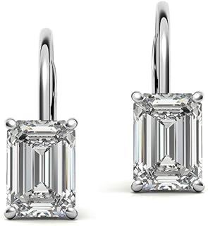 Clip-On 2.00 Ctw Emerald Cut Diamond Star-Shaped Drop Earrings in Sterling Silver and 14K White Gold for Women and Girls