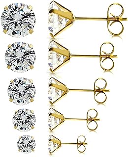 5.0mm Hypoallergenic Cubic Zirconia Stud Earrings with Push-Back Mechanism for Sensitive Ears in Stainless Steel - Gold Plated 5 Pair Set for Men and Women