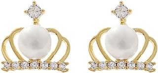 Hypoallergenic Freshwater Pearl Stud Earrings with Cubic Zirconia Crown for Women - Push Back Style, Sterling Silver Post, 14K Gold Plated, Classy Crown Design