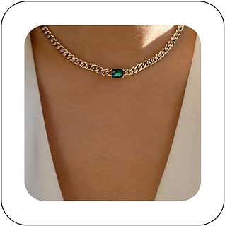 Boho Emerald Necklace Choker Vintage Square Green Crystal Necklace Green Emerald Choker Necklace Punk Gold Curb Chain Necklace Jewelry for Women and Girls