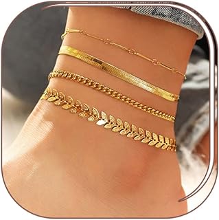 Luxval Gold Ankle Bracelets for Women, 14K Gold Anklets for Women Waterproof Herringbone Snake Chain Cuban Dainty Link Anklets Set Layered Anklet Bracelets for Women Anklet for Women Gold Jewelry Gift