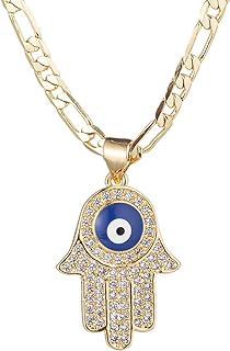 14K Gold Plated Cubic Zirconia Evil Eye Pendant Necklace with Figaro Chain & Lobster Clasp for Women & Men, Hamsa Hand Design