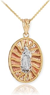 Exquisite 14k Tri-Color Gold Our Lady of Guadalupe Pendant Necklace with Spring Ring Clasp for Devoted Individuals, Faith-Themed Design, USA Made