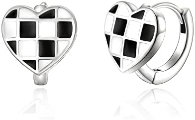 Hidden-Snap-Post Clasp Sterling Silver Hoop Earrings - EVER FAITH S925 - Black and White Checkered Heart Design - Ideal for Stylish Women and Girls