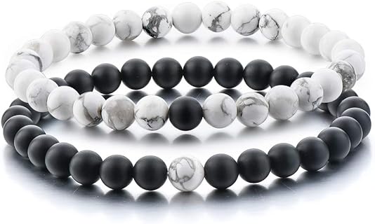 Bead Chain Couples Bracelet Set with White Howlite and Black Matte Agate Stones, Spring Ring Clasp, Perfect for His & Hers Gifts, Unique Design