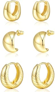 14K Yellow Gold Plated Chunky Hoop Earring Set for Women - Hypoallergenic Small Sized Huggie Hoops, Lightweight Design - Elegant Jewelry Gift
