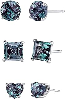 Paris Jewelry 18k White Gold 4Cttw Created Alexandrite 3 Pair Round, Square and Heart Stud Earrings Plated