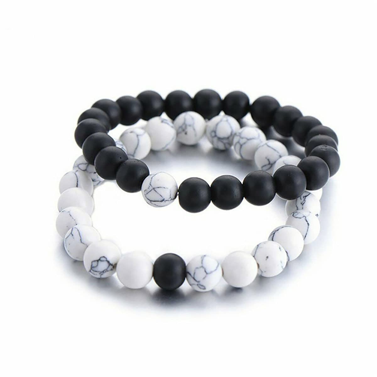 Crystal Alloy Bead Chain Bracelet with Black Marble Agate Stones for Couples - Adjustable Matching Design