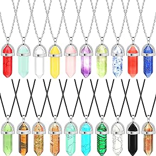 20 Pieces Hexagonal Crystal Necklaces Shape Gemstone Pendant Necklaces Pointed Chakra Stone Chain Necklaces with 20 Inch Chain and 18 Inch Leather Cords