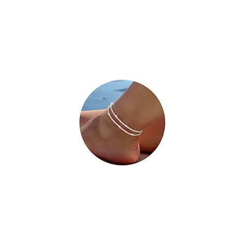 Moodear Ankle Bracelets for Women，Gold/Silver Layered Waterproof Adjustable Anklet for Women Glitter Gold Plated Anklets Silver Layered Moon Pendant Anklet Summer Beach Anklet for Women Anklet Set