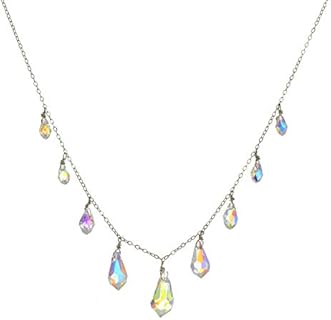 Multi Tear Drop Graduated Austrian Crystal Aurora Borealis Beads Suspended from Sterling Silver Cable Chain Necklace, 18" for Women, and Girls. Weddings and gifts