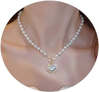 Pearl Heart Necklace Heart Choker Pendant for Women,Y2k Dainty White Love Pearl Beaded Necklace Chain Pearl Jewelry for Teen Grils Trendy Wedding Gifts