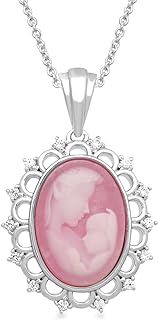 Lobster Clasp Sterling Silver Pink Cameo Sapphire Pendant Necklace - Rolo Chain - Women's Mother and Child Oval Design Jewelry from India