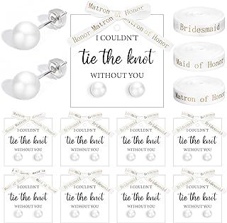 Elegant Bridesmaid Artificial Pearl Stud Earrings - Huquary 8 Set Wedding Bridesmaid Proposal Gifts with Silver Pins