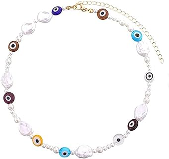 NC Irregular Pearls Beaded Necklace Pearl Choker Necklace Rainbow Polymer Clay Beads Cute Creative Handmade Necklace Evil Eye Handmade Cute Choker Necklace for Women Girls-Evil Eye