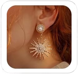 Unique Bohemian Sun and Star Drop Earrings, Vintage Gold Hexagram Design, Enhanced with Sunflower Pearl Studs, Goldstone Gem, Bronze and Zinc Material, Push Back Finding for Women, Perfect Wedding Jewelry Gift