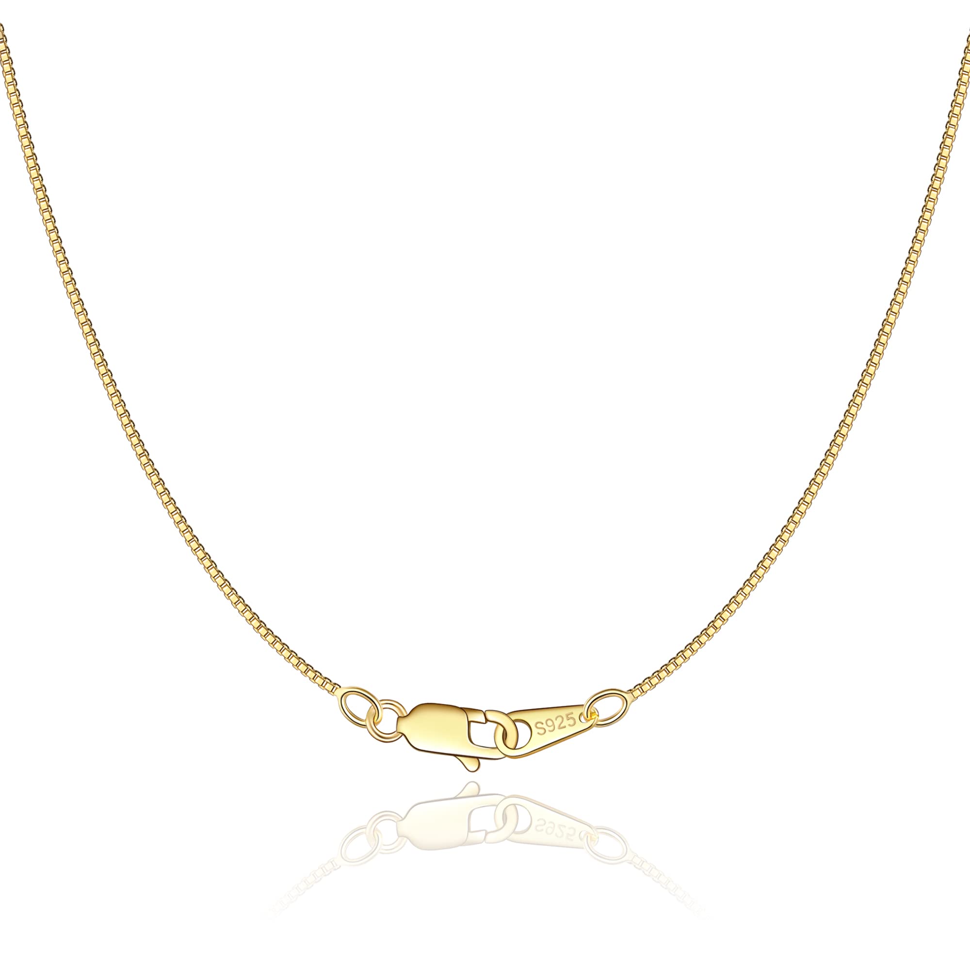 Jewlpire Solid 18K Gold Over 925 Sterling Silver Chain Necklace for Women Girls, 0.8mm Box Chain Lobster Claw Clasp-Super Thin & Strong Necklace Chain 16/18/20/22/24 Inch