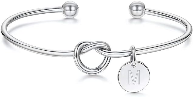 Lobster Claw Clasp Love Knot Bangle Bracelet - Stainless Steel Box Chain - Customizable with 26 Initials - Perfect Bridesmaid Proposal Gifts with Beautiful Gift Box Included