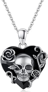 TRISHULA Women's Gothic Skull Necklace with Cable Chain & Austrian Black Heart Crystal, 925 Sterling Silver Rose Skull Pendant Jewelry - Ideal for Halloween and Mother's Day Gifts