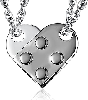 TANGPOET Brick Necklace Set for Couples Best Friends 925 Sterling Silver Lego Heart Pendant Necklace Friendship Jewelry Christmas Gifts for Women Men Friend Her with 2 PCS Chain