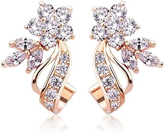 18K Copper Plated Cubic Zirconia Rose Gold Flower Stud Earrings for Women Ribbon Inlay White Crystal CZ Jewelry Gifts Hypoallergenic Nickel Free