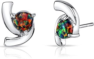 Peora Created Black Fire Opal Trinity Stud Earrings for Women 925 Sterling Silver, 1.25 Carat total Round Shape 6mm, Friction Backs