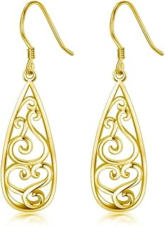 Solid 18K Gold Over 925 Sterling Silver Dangle Earrings, Lightweight Filigree Teardrop Earrings/Silver Earrings, Gold Earrings for Women