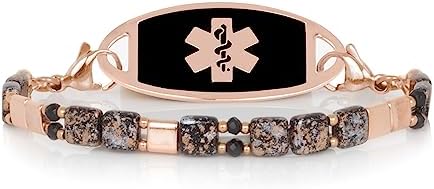 Epilepsy Women's Bead Chain Medical ID Bracelet in Rose Gold and Black by Lauren's Hope, Stretch Design with Custom Engraving