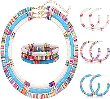 Heishi Necklace Bracelet Hoop Earrings Set Rainbow Vinyl Disc Bead Surfer Chokers Stackable Polymer Clay Bead Stretch Bracelets Circle Earrings Summer Beach Jewelry Set for Women Girls
