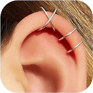 Milacolato 4Pcs 925 Sterling Silver Ear Cuff Simple Criss Cross Double Lines Ear Cuffs Non Piercing Minimalist Fake Helix Earcuff Cartilage Earrings