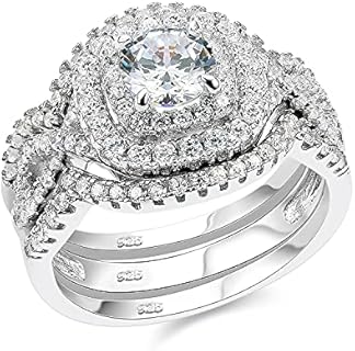 SHELOVES Engagement Wedding Ring Set for Women Double Halo Sterling Silver Round White AAAAA Cz Sz 4.5-13