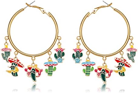 Cinco De Mayo Hoop Earrings for Women Girls , Mexican Fiesta Red Chili Pepper Hoop Earrings , Hypoallergenic Big Circle Green Cactus Sombrero Charms Hoop Earrings ,Statement Colorful Enamel Cinco De Mayo Day Earrings Jewelry Mexican Holiday Party Gift