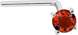 Jewelry Avalanche 22G Solid 14Kt Gold L-Shape Nose Stud with real Garnet Gemstone, 14kt Yellow Gold or 14kt White Gold Prong Setting - January Birthstone Nose Ring