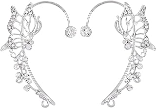 2 Pcs Butterfly Ear Cuff Earrings for Women Non Piercing Rhinestone Goth Fairy Elf Ear Cuff Butterfly Ear Wrap Earrings for Bridal Wedding Prom For Teen(Silver)
