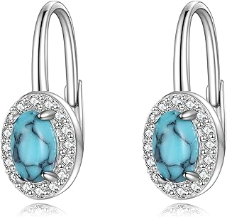 CRMAD Turquoise/Larimar/Moonstone Stud Earrings for Women 925 Sterling Silver Leverback Earrings Jewelry Gift for Girls