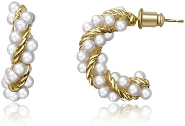 Stainless Steel Clasp Navajo Faux Pearl Hoop Earrings for Women in Round Design
