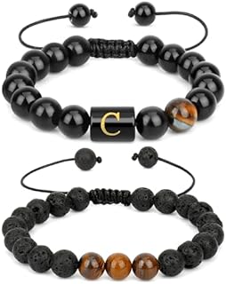2PCS Initial Charms Bracelet for Men, Natural Black Onyx Tiger Eye Stone Lava Rock Alphabet Letter Bead Bracelet Jewelry Set with Gift Message Card 8mm