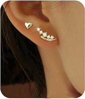 Gold Earrings Heart Stud Earrings for Women Teen Girls Trendy Cubic Zirconia Ear Crawler Cuff Earrings Jewelry Gifts
