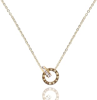 18K Gold-Plated Titanium Steel Roman Numeral Necklace with Link Chain and Zircon Double Circle Pendant
