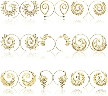 JOERICA 9 Pairs Bohemian Spiral Earrings for Women Vintage Boho Tribal Swirl Hoop Earrings Set Statement Halloween Costume Jewelry