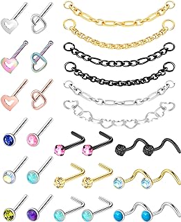 ONESING 30 Pcs 20G Nose Rings Studs Nose Rings for Women Nose Piercings Jewelry Surgical Stainless Steel Straight Nose Studs Nose Rings Chain Hypoallergenic Body Piercing Jewelry for Women Men