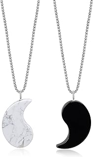 COAI Yin Yang Obsidian & Howlite Stone Couple Pendant Necklace with Stainless Steel Box Chain and Lobster Clasp for Couples