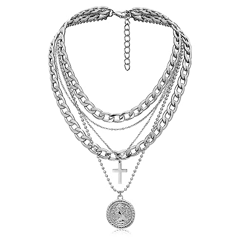 MJartoria Gold Layered Necklaces for Women Trendy Retro Coin Pendant Gold Necklace Dainty Chunky Link Chain Choker Necklaces for Girls Jewelry Birthday Gifts