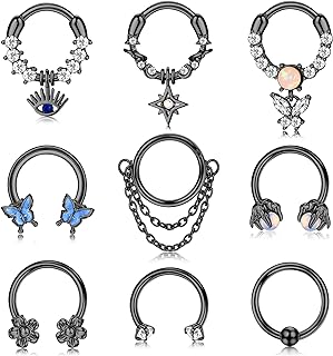 JOERICA 9 Pcs 16G Septum Rings for Women Stainless Steel Dangle Septum Rings Evil Eye Butterfly Star Dragon Claw Opal CZ Daith Earrings Hoop Nose Rings Cartilage Helix Septum Piercing Jewelry