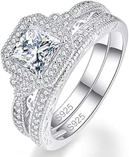 0.8ct Princess Cut Engagement Ring Sets 6X6mm White AAA Solitaire Cubic Zirconia Engagement Ring Set 925 Sterling Silver Wedding Ring Set for Women Size 5-10