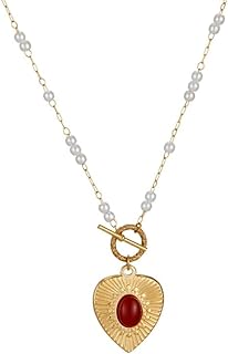 OT Clasp Vintage Pearl and Red Agate Heart Pendant Necklace, Gold-Plated Choker for Women and Girls, Retro-Sunburst Pattern Design