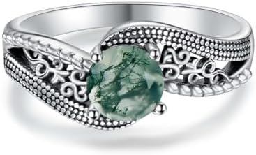 Charming Sterling Silver Engagement Band Ring with Vintage Moss Agate Stone Design, Ideal Anniversary Present for Women, Sizes 5-12